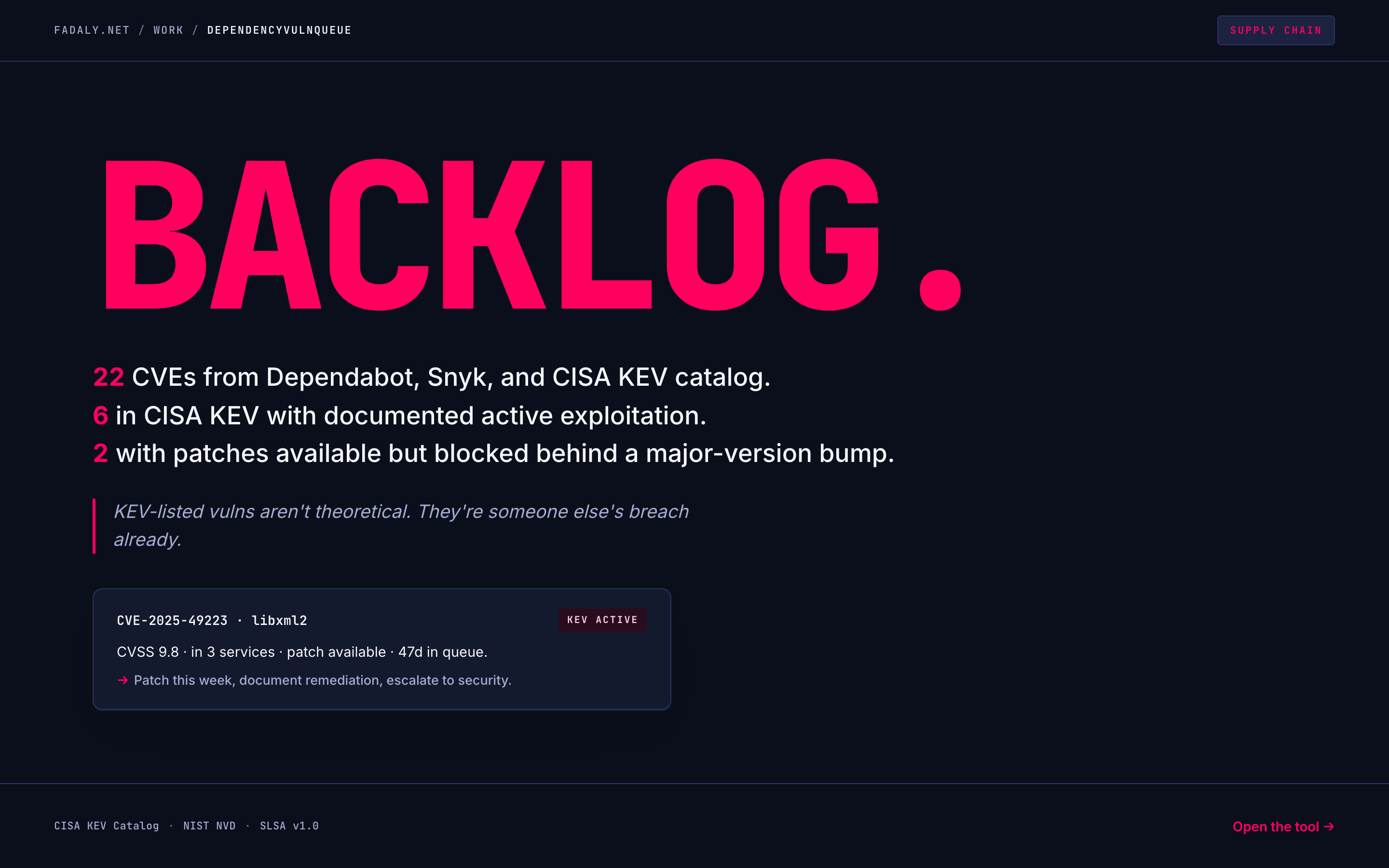 DependencyVulnQueue — Vulnerability-Fix Queue + SLA thumbnail
