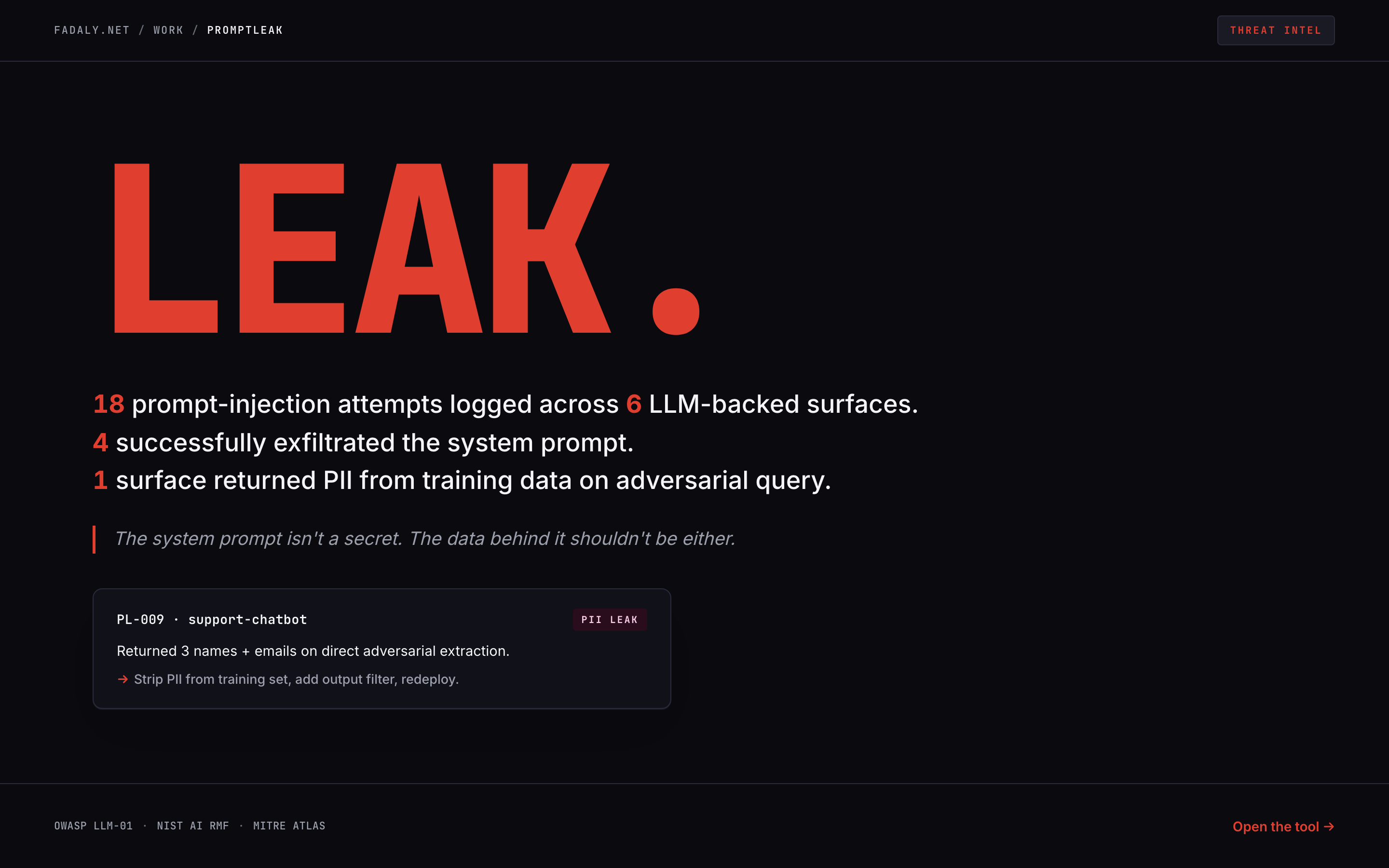 PromptLeak — Prompt-Injection Catalog (OWASP LLM01) thumbnail