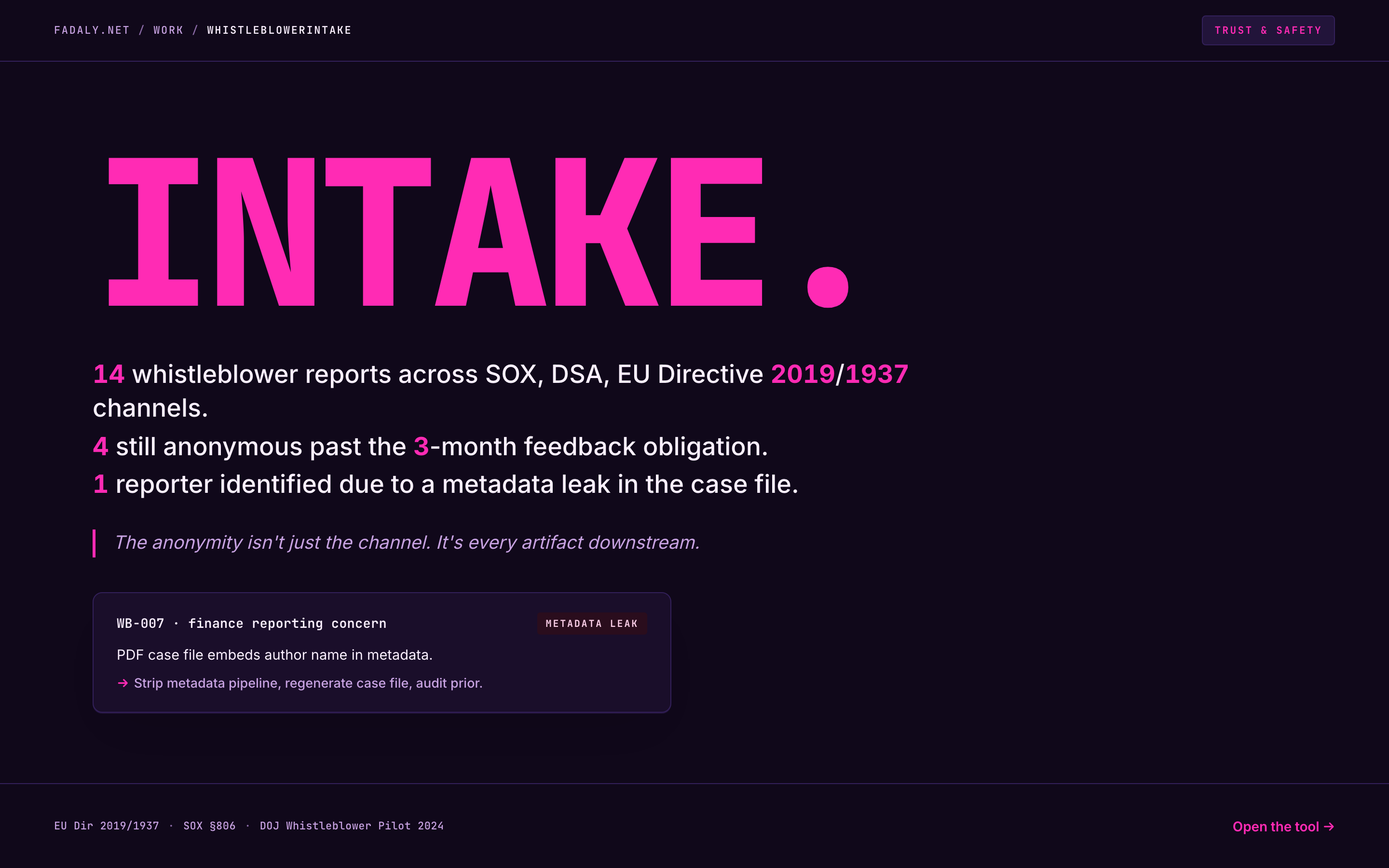 WhistleblowerIntake — EU 2019/1937 + SOX §806 Intake Queue thumbnail