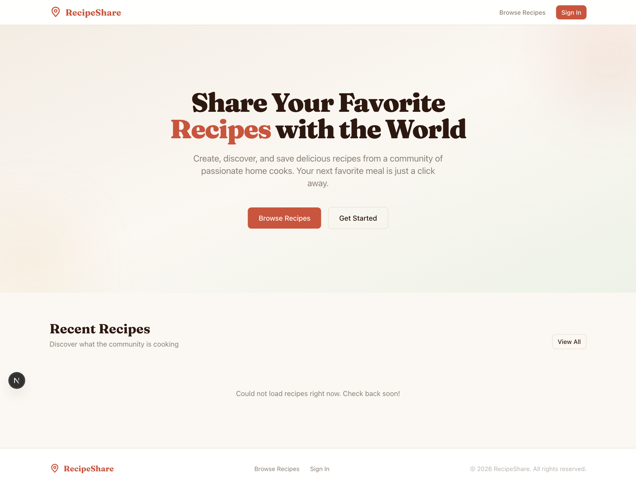 RecipeShare landing page