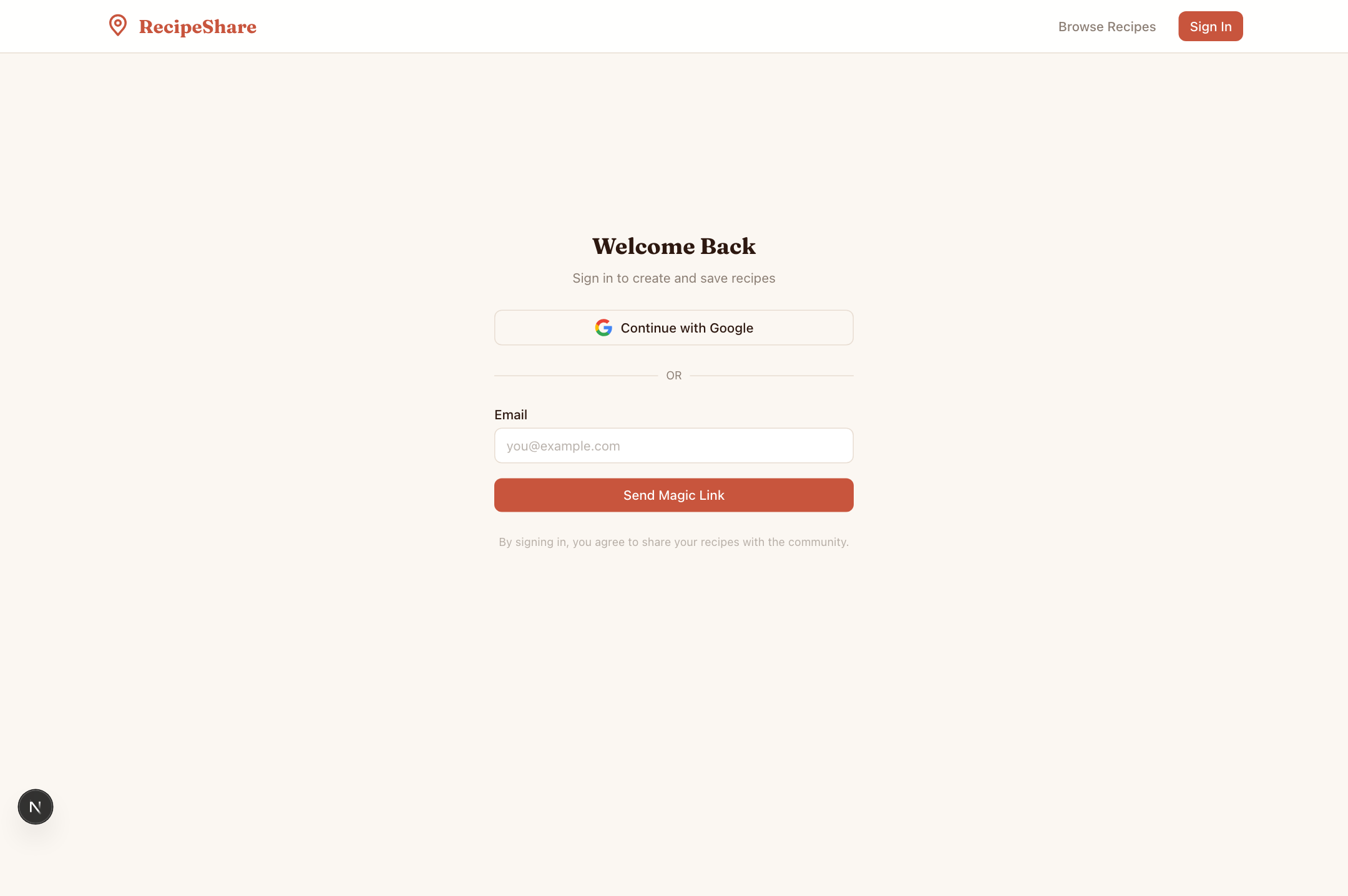 RecipeShare sign in
